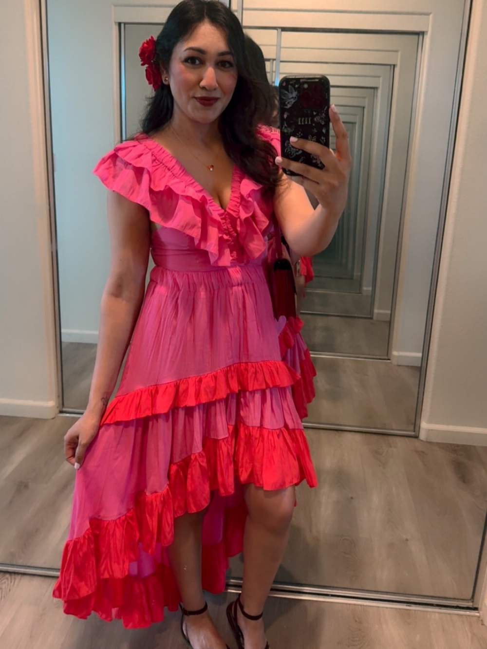 DO+BE Pink and Red High Low Ruffled Fiesta Maxi Dress